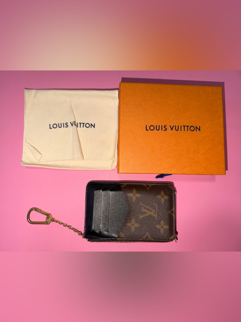 Louis Vuitton Monogram Card Case with Black Leather Trim & Gold Chain